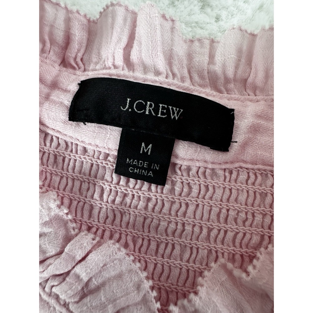 J. Crew Blouse 1/2 Button Popover Pink Ruffle Smocked Crinkle Gauze Size Medium - Picture 12 of 14